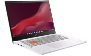 The ASUS Chromebook Vibe CX34, a white laptop with a red keyboard.