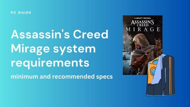 Assassin's Creed Mirage system requirements - minimum and recommended specs. Image shows the text "Assassin's Creed Mirage system requirements - minimum and recommended specs" next to the Assassin's Creed Mirage box and a graphic of a PC case, on a blue gradient background.