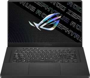 The Asus ROG laptop, specifically the Asus Zephyrus G15 model, is open on a white background.