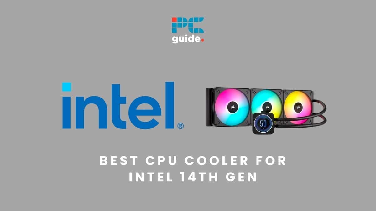Best CPU cooler for Intel 14th Gen. Image shows the text "Best CPU cooler for Intel 14th Gen" beneath the Intel logo and th Corsair cooler on a grey background.