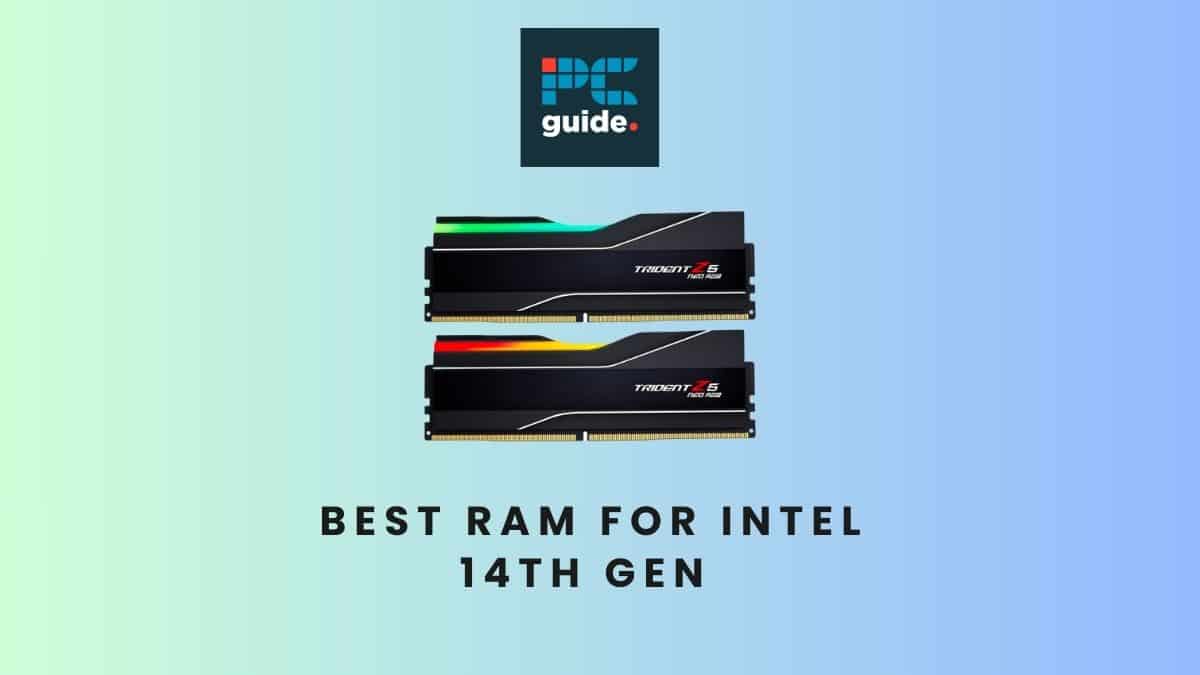 Best RAM for Intel 14th Gen. Image shows the text "Best RAM for Intel 14th Gen" underneath the Trident Z5 Neo RGB DDR5-6000 on a light blue gradient background.