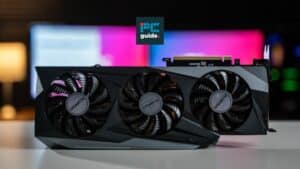 A gigabyte RTX 3080 graphics card with three fans, positioned in front of a blurred multicolored background with a "guide" logo on the top center.