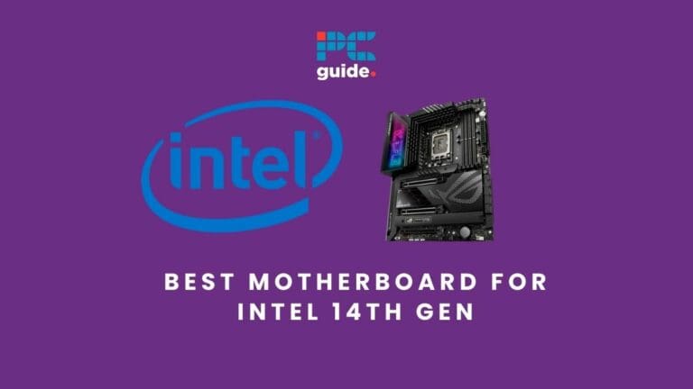Best motherboard for Intel 14th Gen. Image shows the text "Best motherboard for Intel 14th Gen" next to the Intel logo and a ASUS ROG Maximus Z790 Hero motherboard on a purple background.
