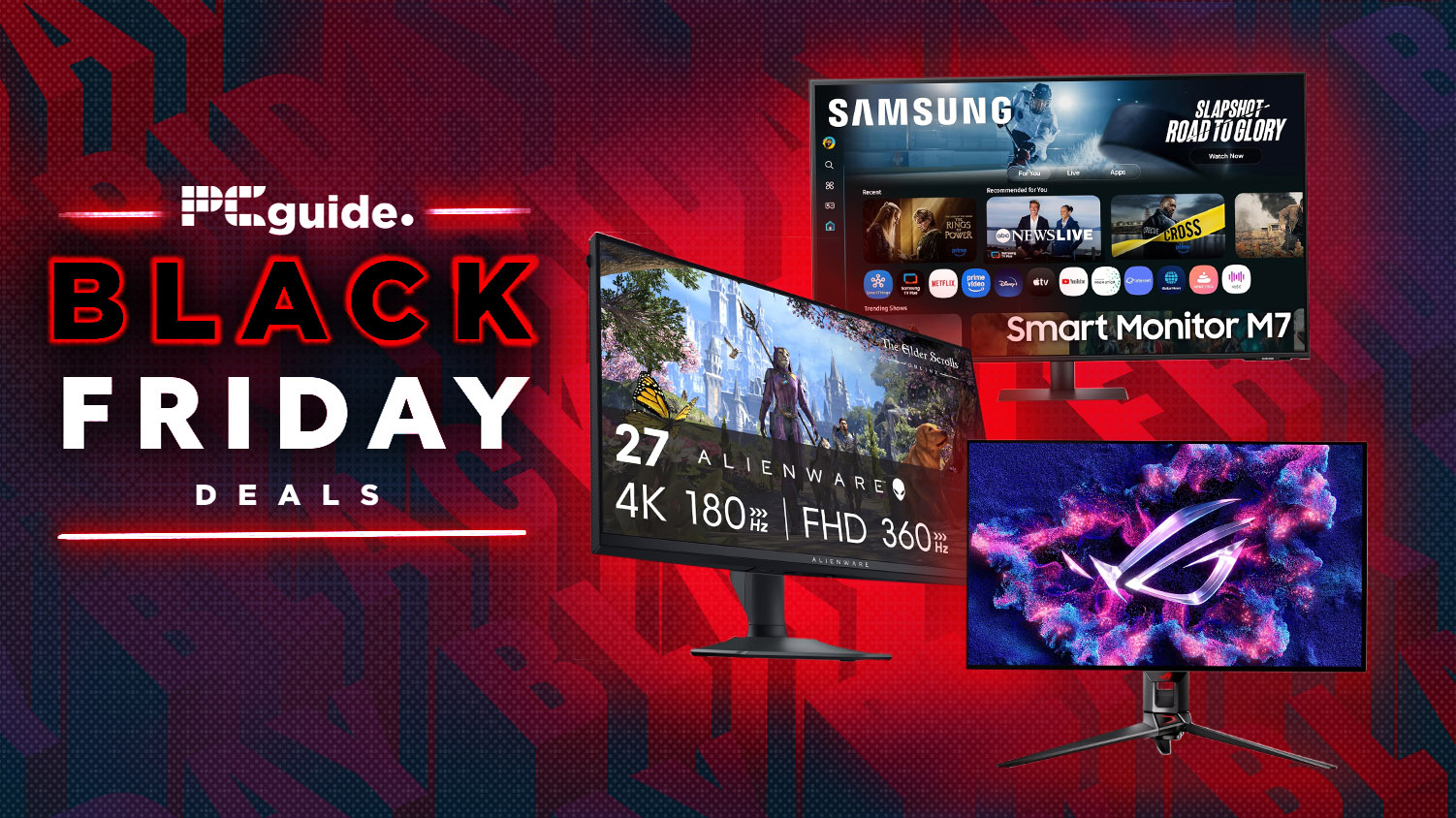 A background of Black Friday wrtiting in red and black repeated. In the Foreground it has writing saying "PC Guide Black Friday deals", and on the right it has three monitors