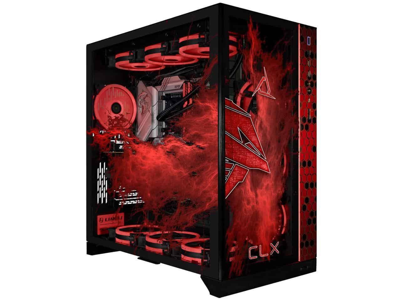 A red and black pc case with flames on it. Intel 14th gen prebuilt gaming PC spotted on Newegg!