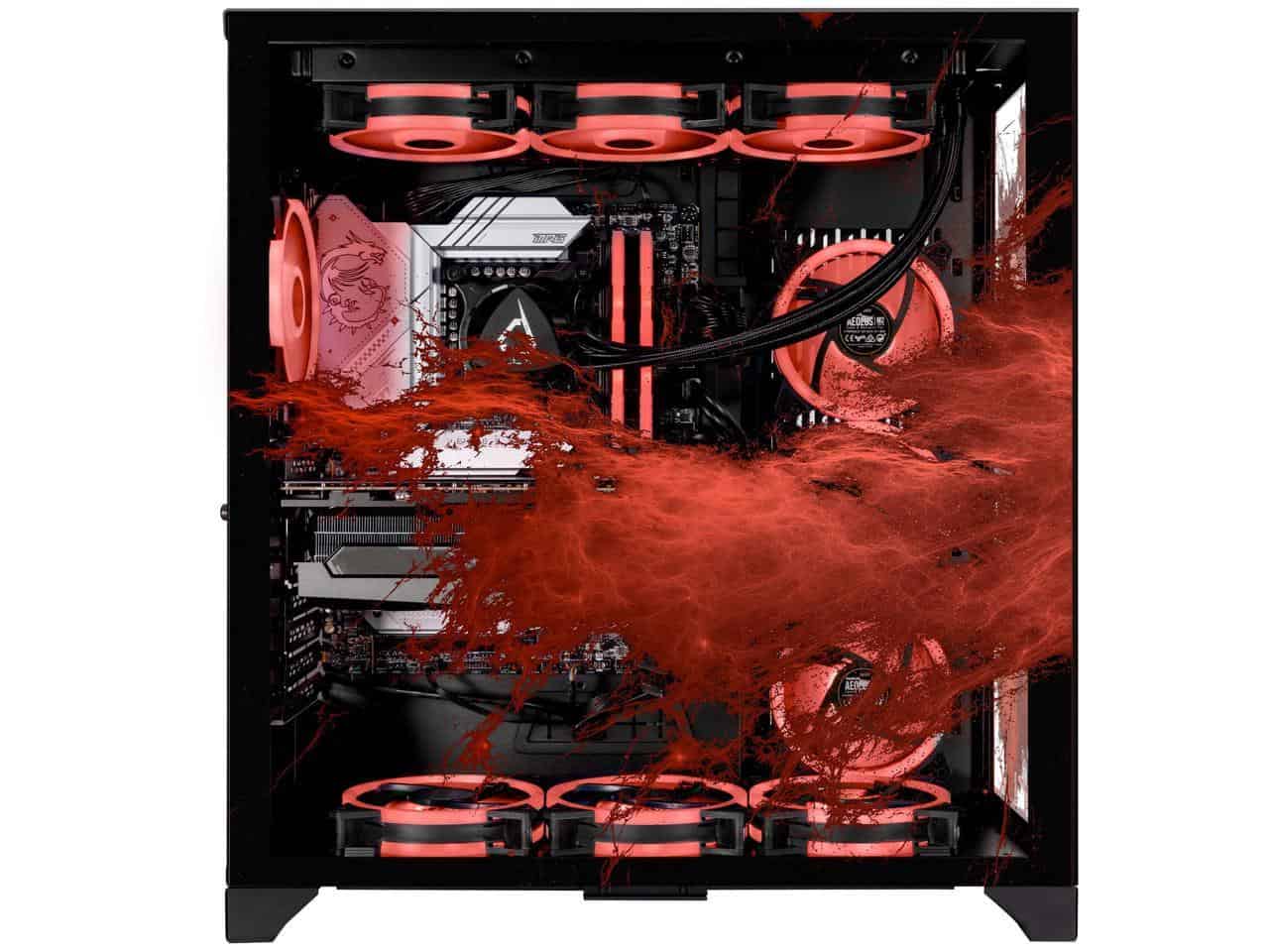 An image of a prebuilt gaming PC with red and black flames.