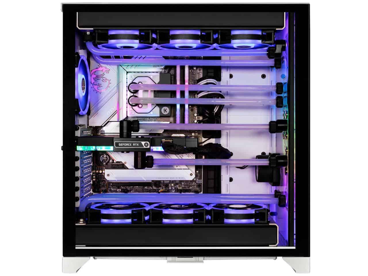 A prebuilt gaming PC with a blue light on its case.