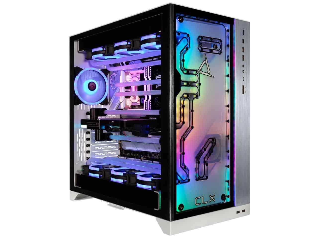 A prebuilt gaming PC featuring a rainbow colored fan.