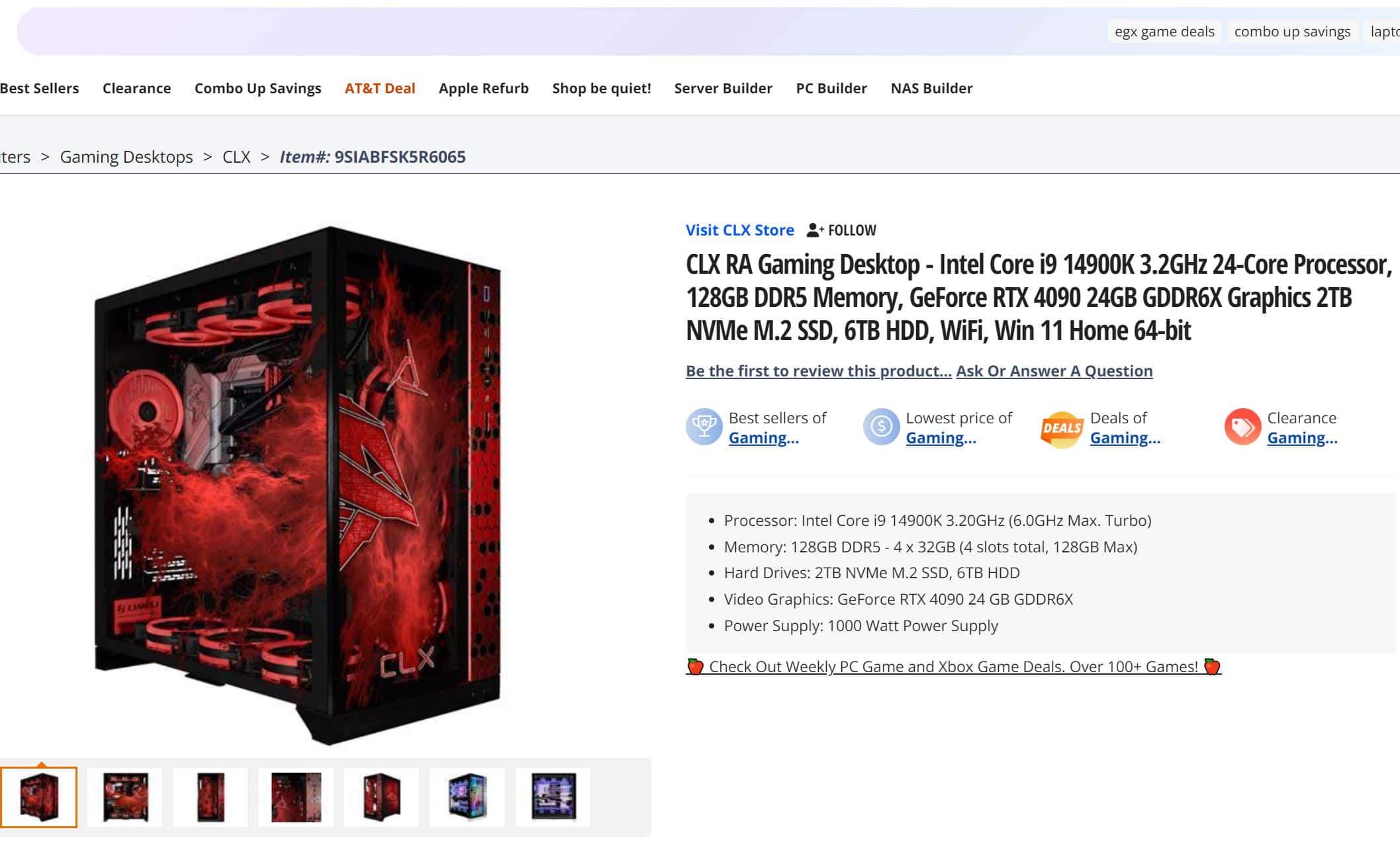 Red and black prebuilt gaming PC listed on Amazon.