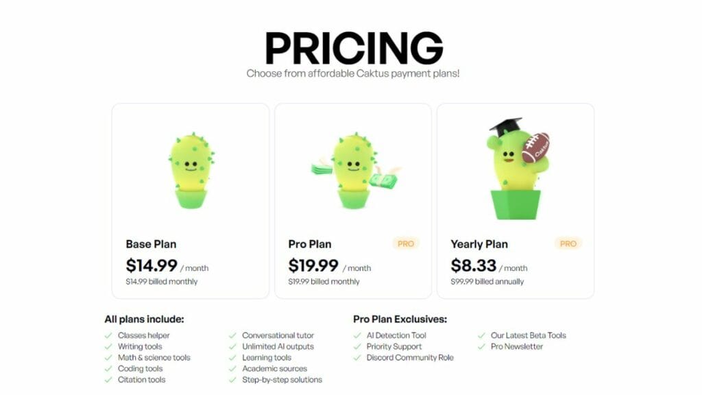 The pricing page for Caktus AI.