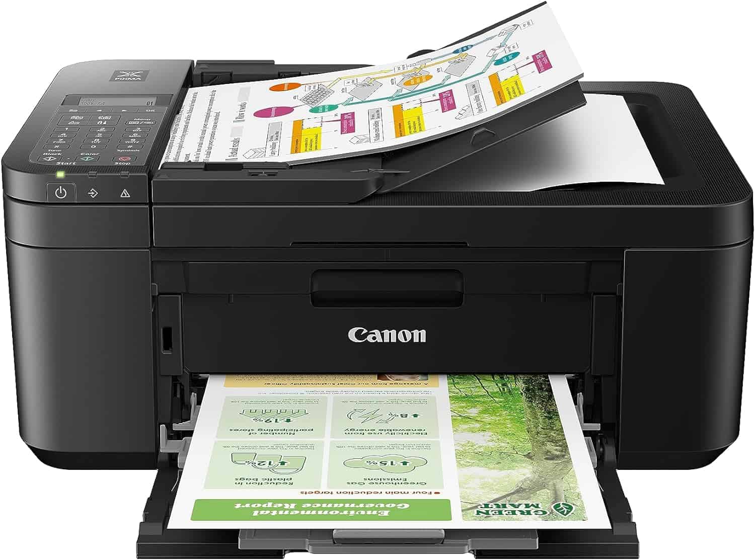 A Canon PIXMA TR4720 printer with a paper in it.