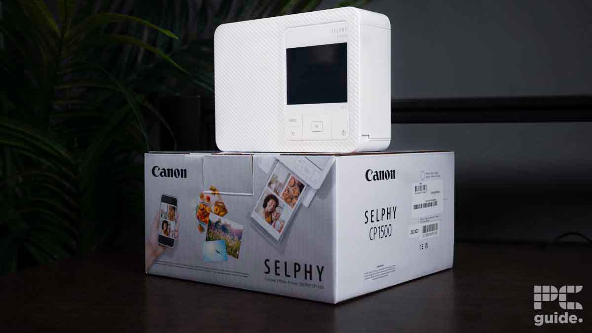 Canon SELPHY CP1500 printer on box, Image by PC Guide