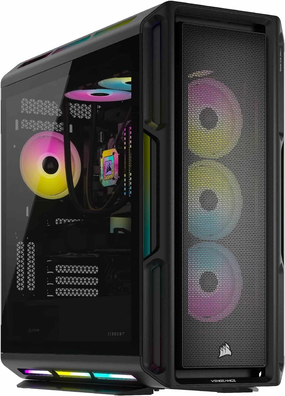Gaming PC tower from the Corsair Vengeance i8100 Series with transparent side panel and RGB lighting.