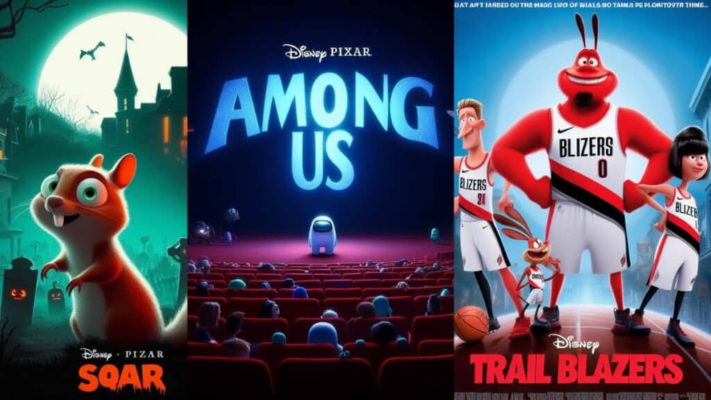 AI-generated Disney Pixar Movie posters, created by Bing Image Creator AI art generator.