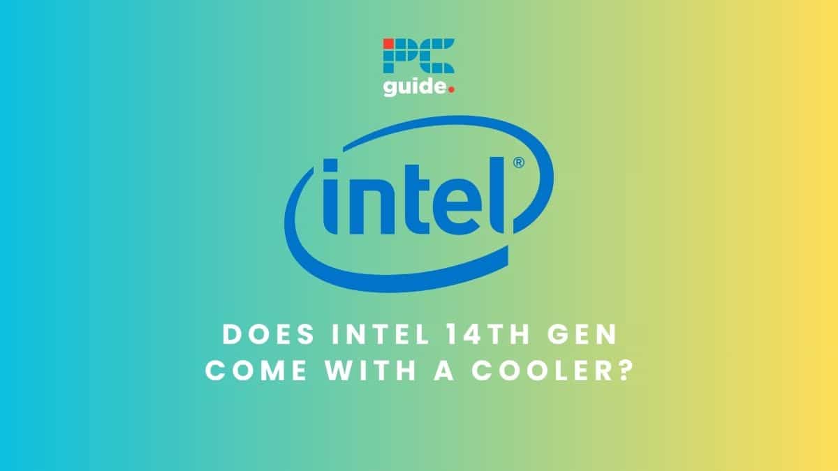 Does Intel 14th Gen come with a cooler?Image shows the text "Does Intel 14th Gen come with a cooler?" beneath the Intel logo and the PC Guide logo, on a yellow gradient background.
