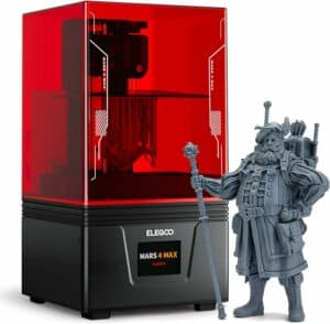 A ELEGOO Mars 4 Max MSLA 3D Printer with a figure standing next to it.