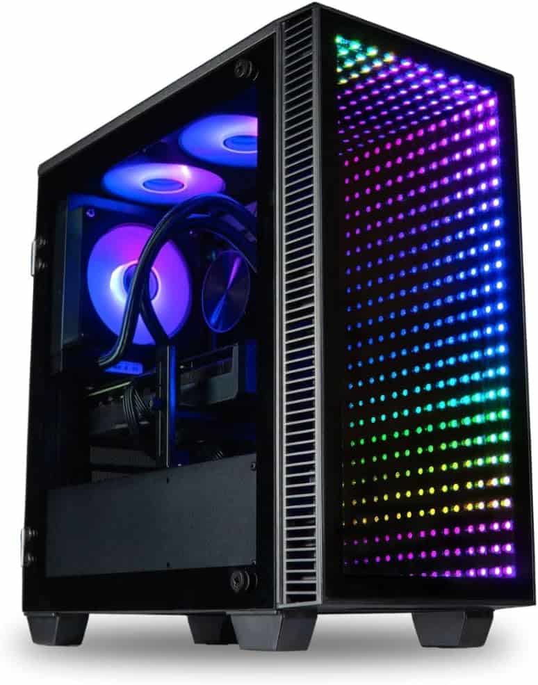 A gaming desktop with a transparent side panel showing internal components and multicolored RGB lighting.