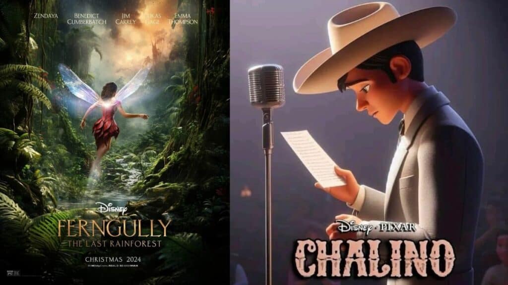 AI-generated Disney movie posters for Ferngully starring Zendaya, and Chalino by Pixar.