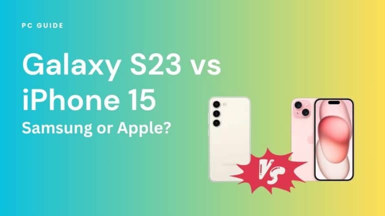 Galaxy S3 vs iPhone 15 - Samsung versus Apple? Image shows the text "Galaxy S23 vs iPhone 15 - Samsung or Apple?" next to the Galaxy S23 and iPhone 15 and a red VS sign, on a blue yellow gradient background.