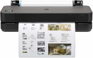 HP DesignJet T230 printer with paper on it.