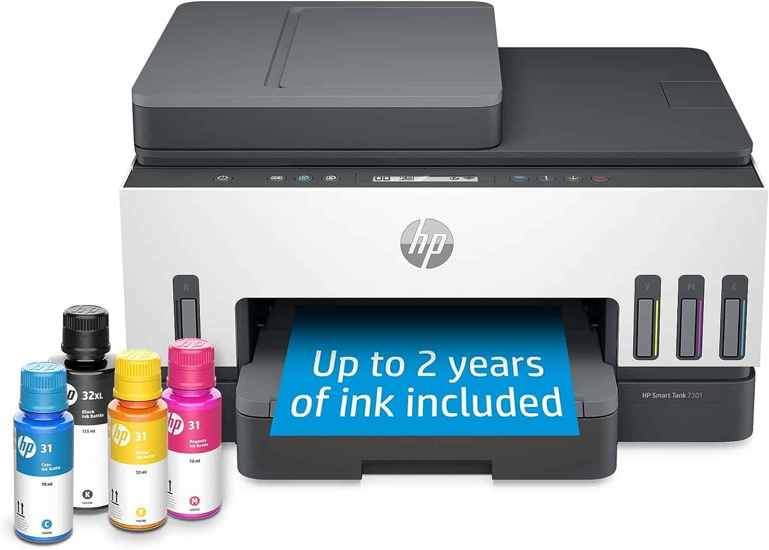 HP OfficeJet Pro 8600 printer with HP Smart Tank ink cartridges.