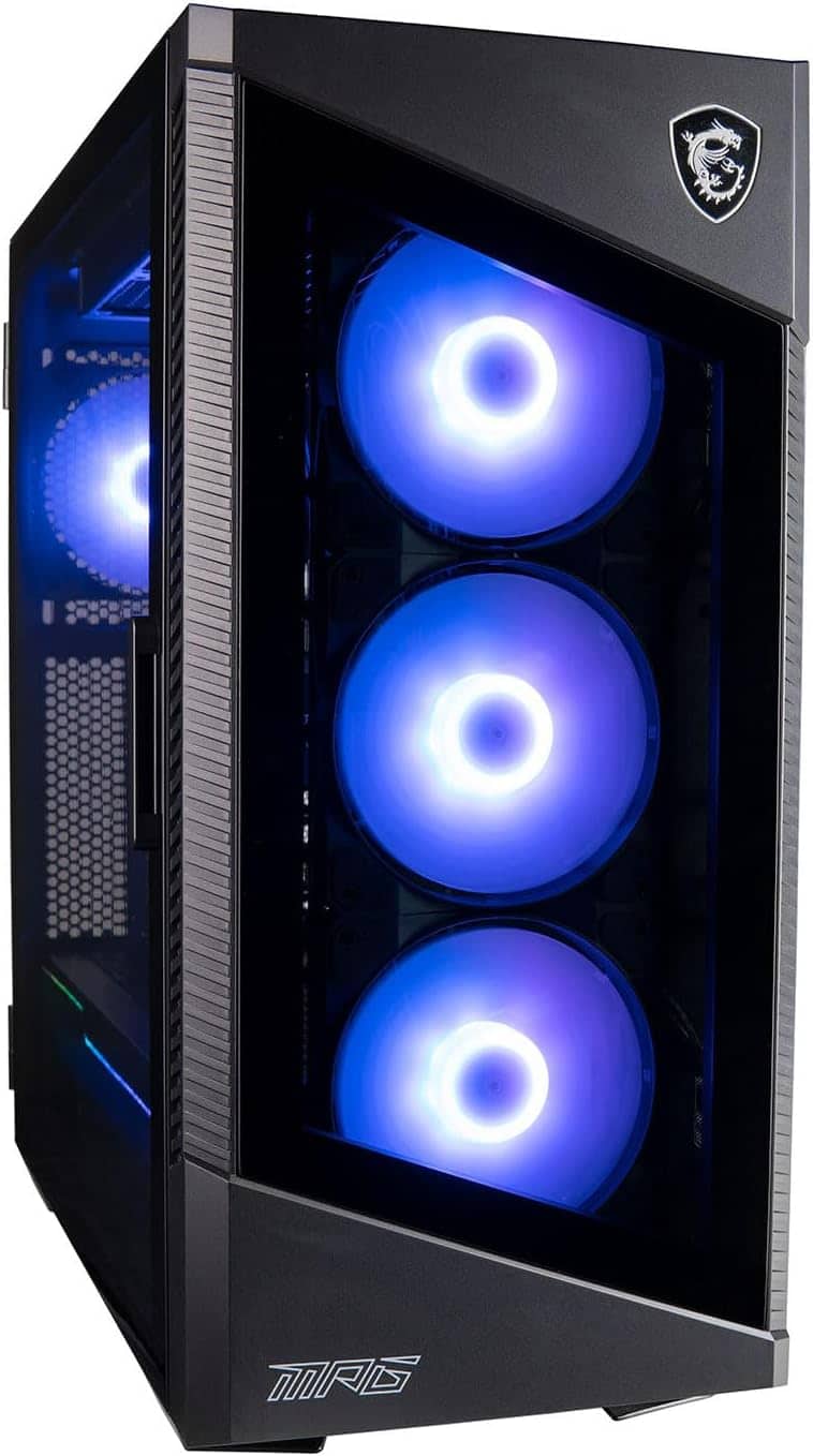 A MPG Velox gaming desktop pc case with blue led fans.