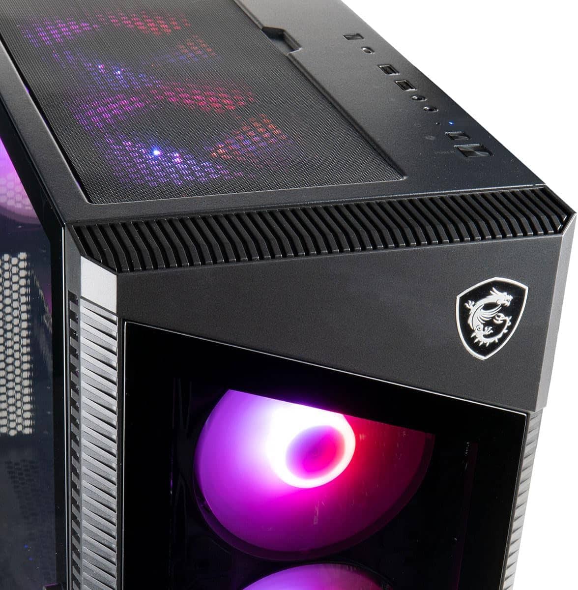 Close-up of an MPG Velox MSI Gaming Desktop with RGB lighting and a visible cooling fan through a transparent panel.