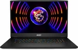 A black MSI Titan GT77HX laptop with a black screen.