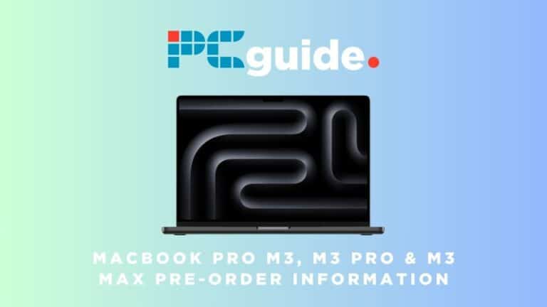 MacBook Pro M3, M3 Pro & M3 Max pre-order information. Image shows the text "MacBook Pro M3, M3 Pro & M3 Max pre-order information" underneath the MacBook Pro M3 and the PC Guide logo on a light blue background.