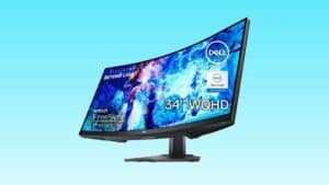 The dell curved monitor is shown on a blue background in Auto Draft.