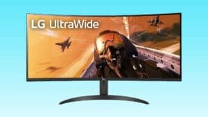 The lg ultrawide monitor is shown on a blue background.