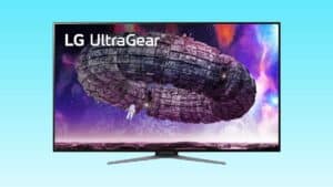 The lg ultra gear tv is shown on a blue background.