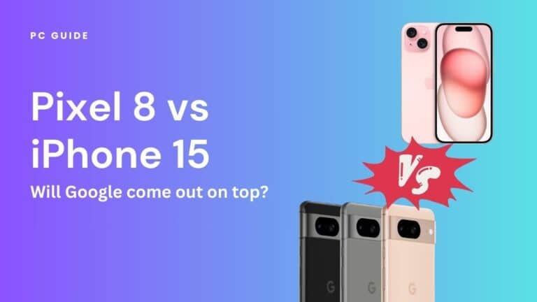 Pixel 8 vs iPhone 15: A comparison between the two latest smartphones. Image shows the text "Pixel 8 vs iPhone 15 - will Google come out on top?" with the Pixel 8 phones and a pink iPhone 15 on a purple blue gradient background.