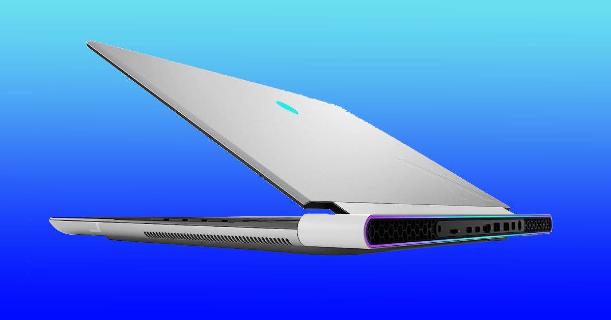 Alienware laptop on a blue background.