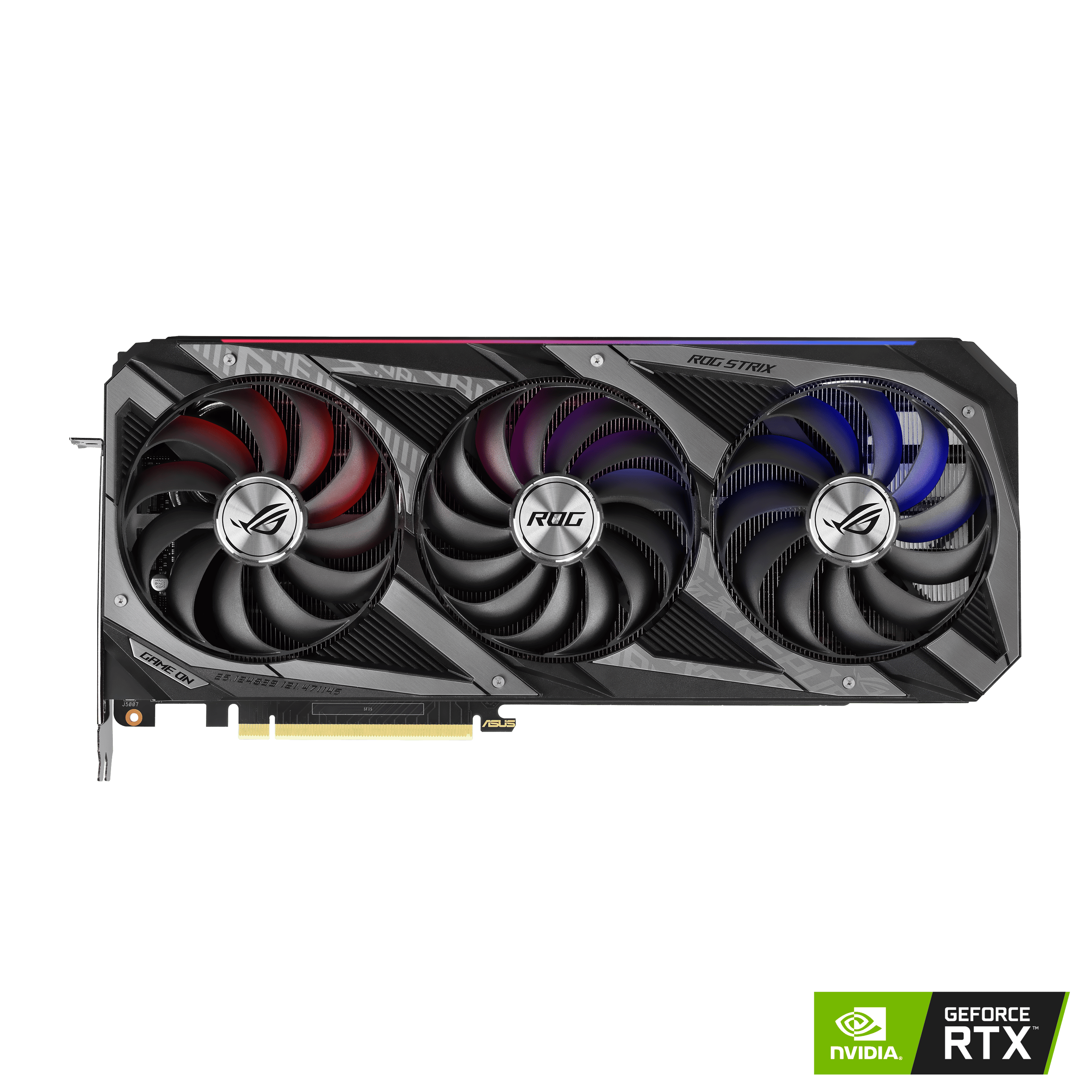 An ASUS ROG Strix NVIDIA GeForce RTX 3080 OC Edition graphics card with triple-fan setup.
