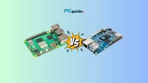 Comparison of two single-board computers with 'Raspberry Pi 5 vs Orange Pi 5' symbol indicating a versus battle, set against a two-tone background.