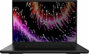 A Razer Blade 18 laptop with a colorful background.