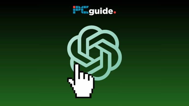 Interactive guide concept with a cursor selecting a knot symbol on a dark background, illustrating how to use ChatGPT. Image shows the ChatGPT logo on a geeen background below the PC guide logo