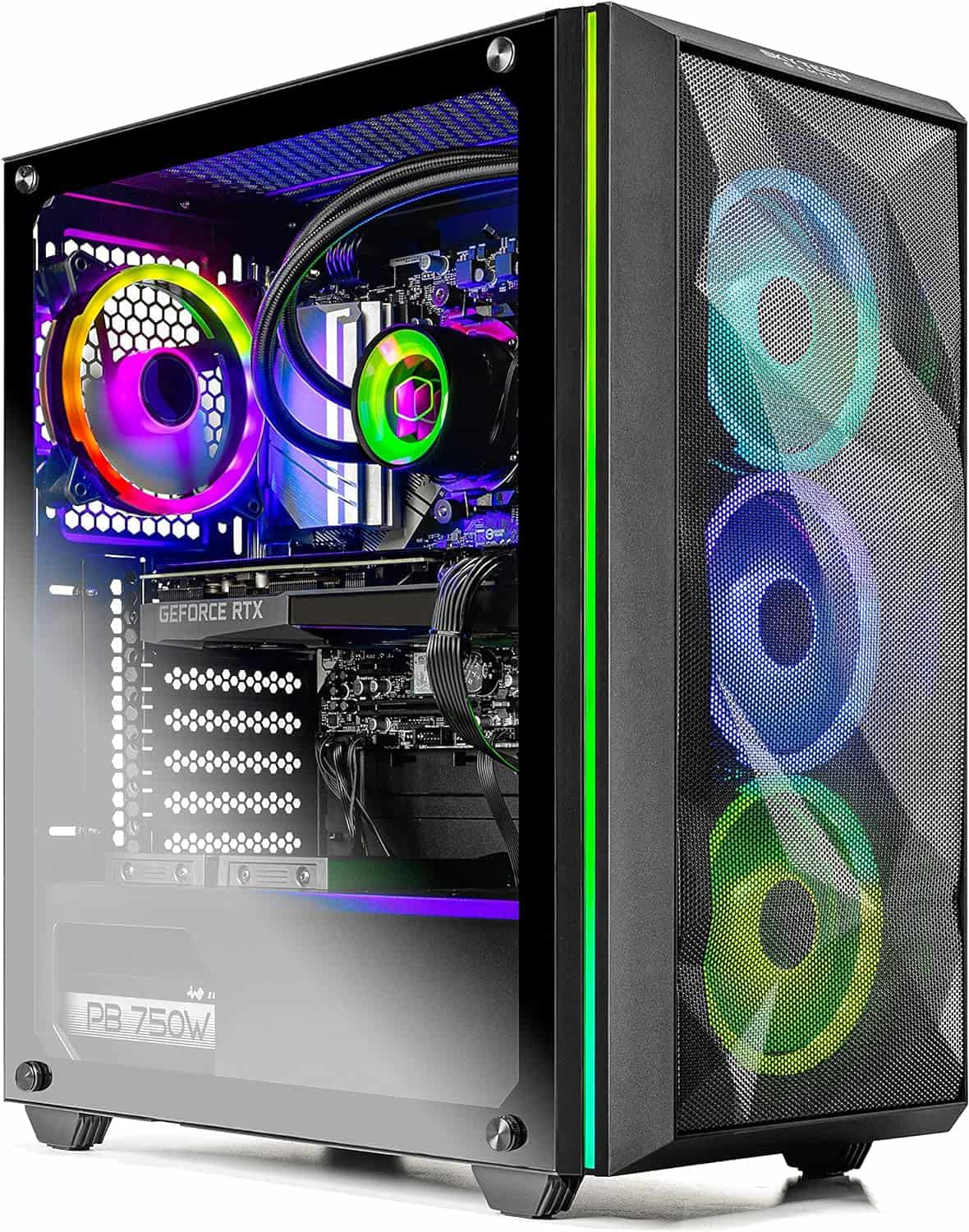 Modern gaming pc with transparent side panel showcasing colorful rgb lighting on fans and components, including a visible RTX 3080 graphics card and power supply.