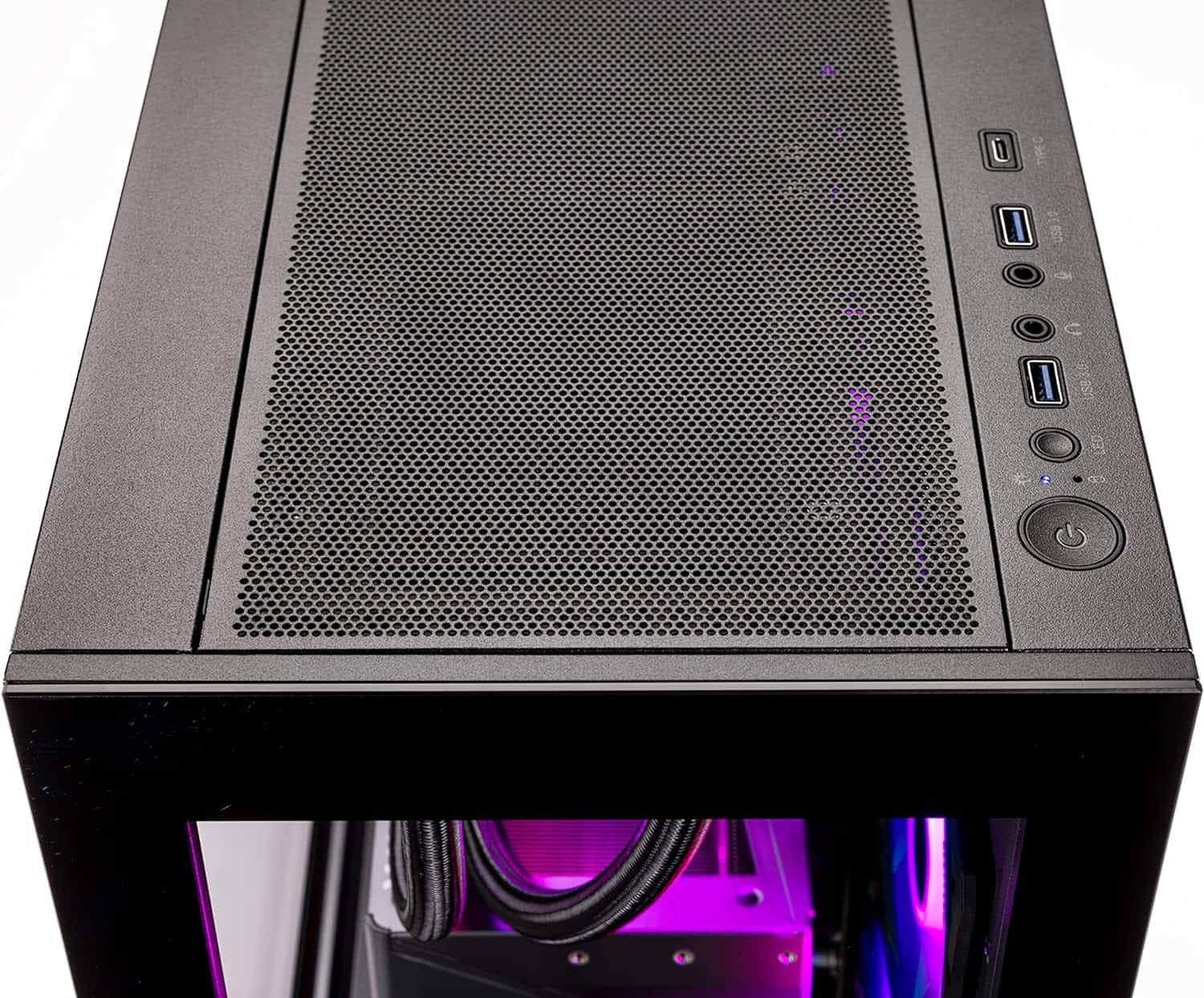Black Skytech Gaming PC tower with mesh top and purple illuminated interior.
