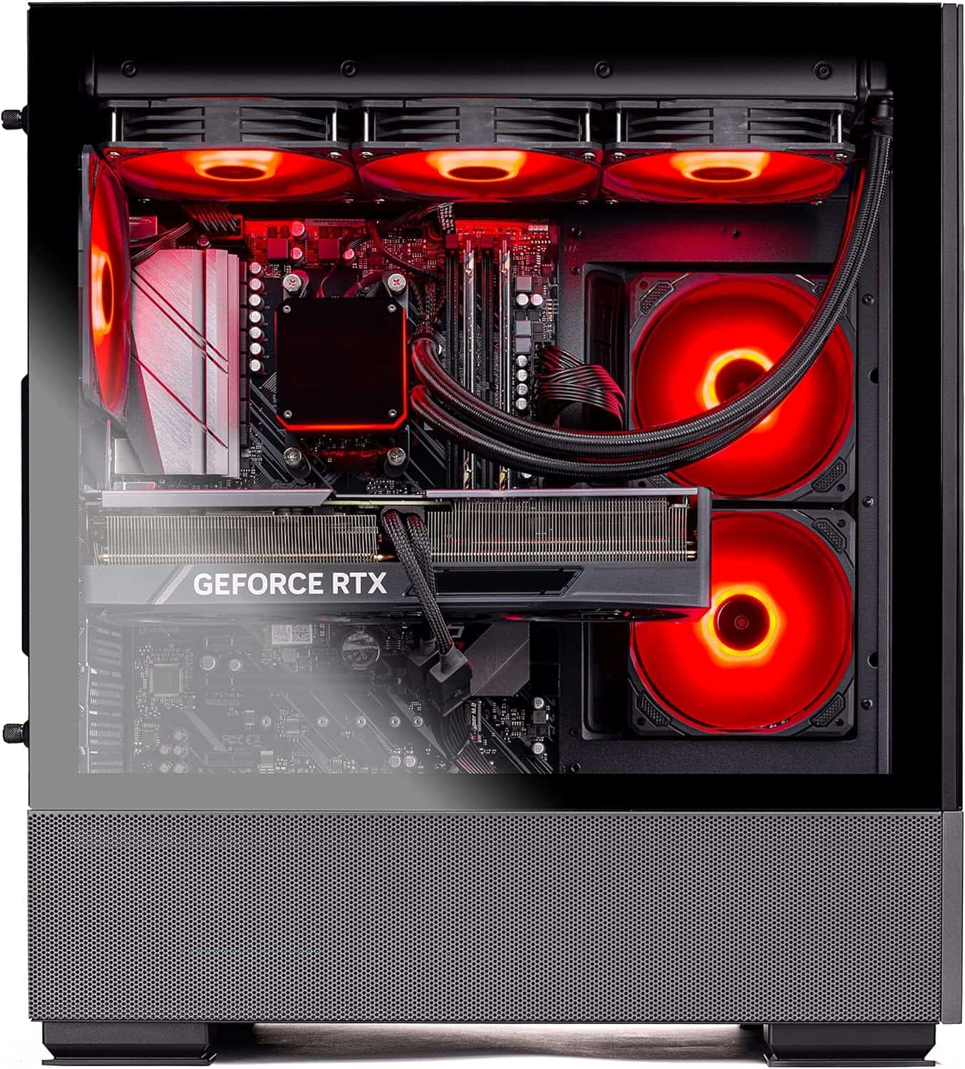 High-performance Skytech Gaming Azure desktop with red led fans and a GeForce RTX graphics card.