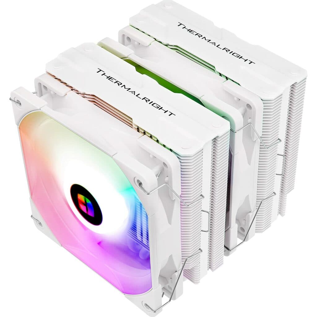 A stack of Thermalright Peerless Assassin 120 cpu coolers on a white background.