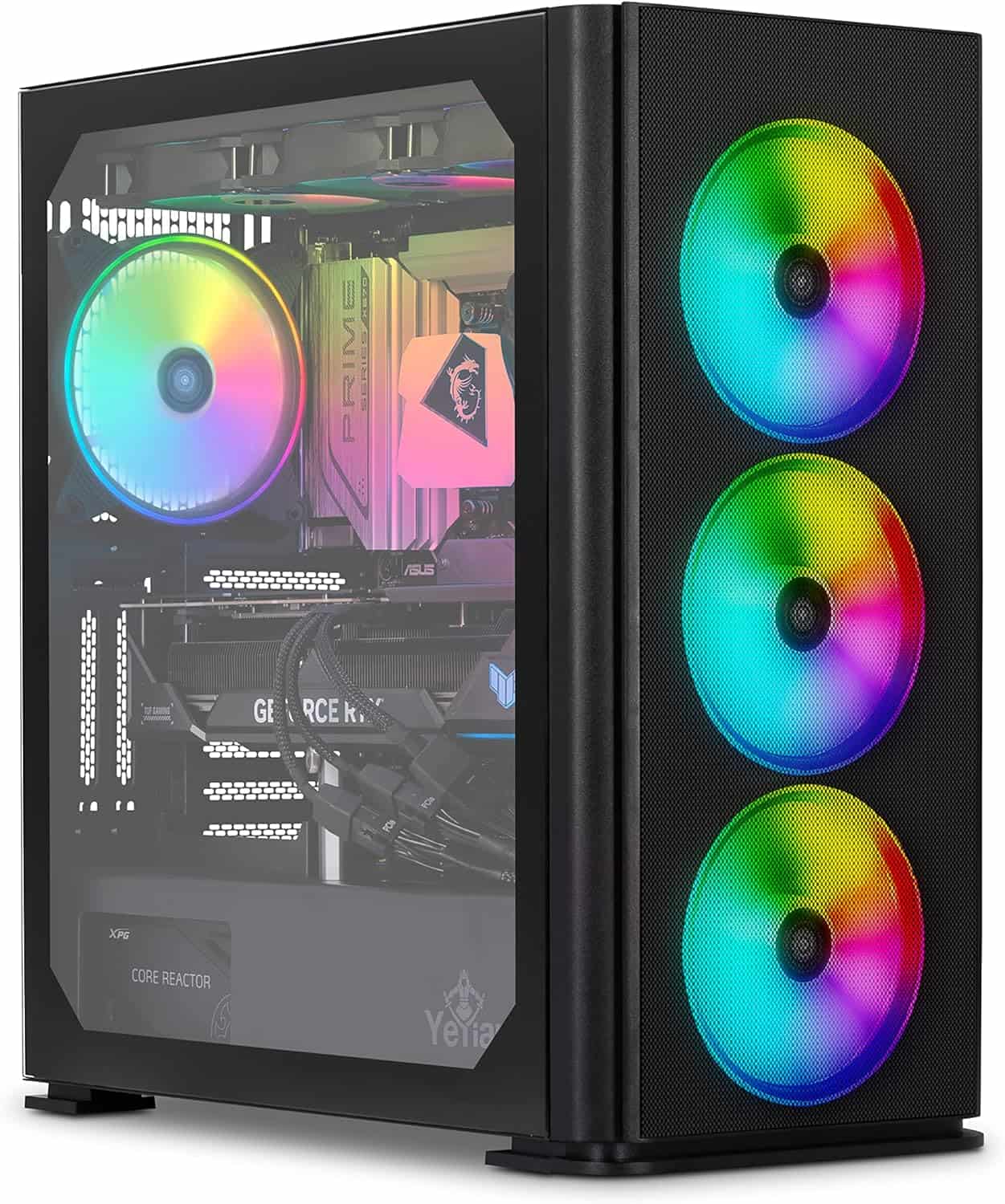 A modern YEYIAN ODACHI gaming PC with RGB lighting and a transparent side panel showcasing the internal components.