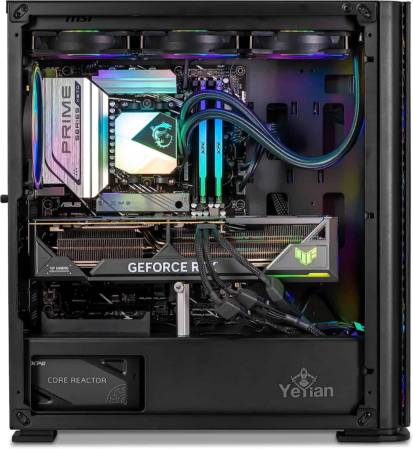 Custom-built YEYIAN ODACHI Gaming PC with RGB lighting, water cooling, and high-end components inside a transparent case.