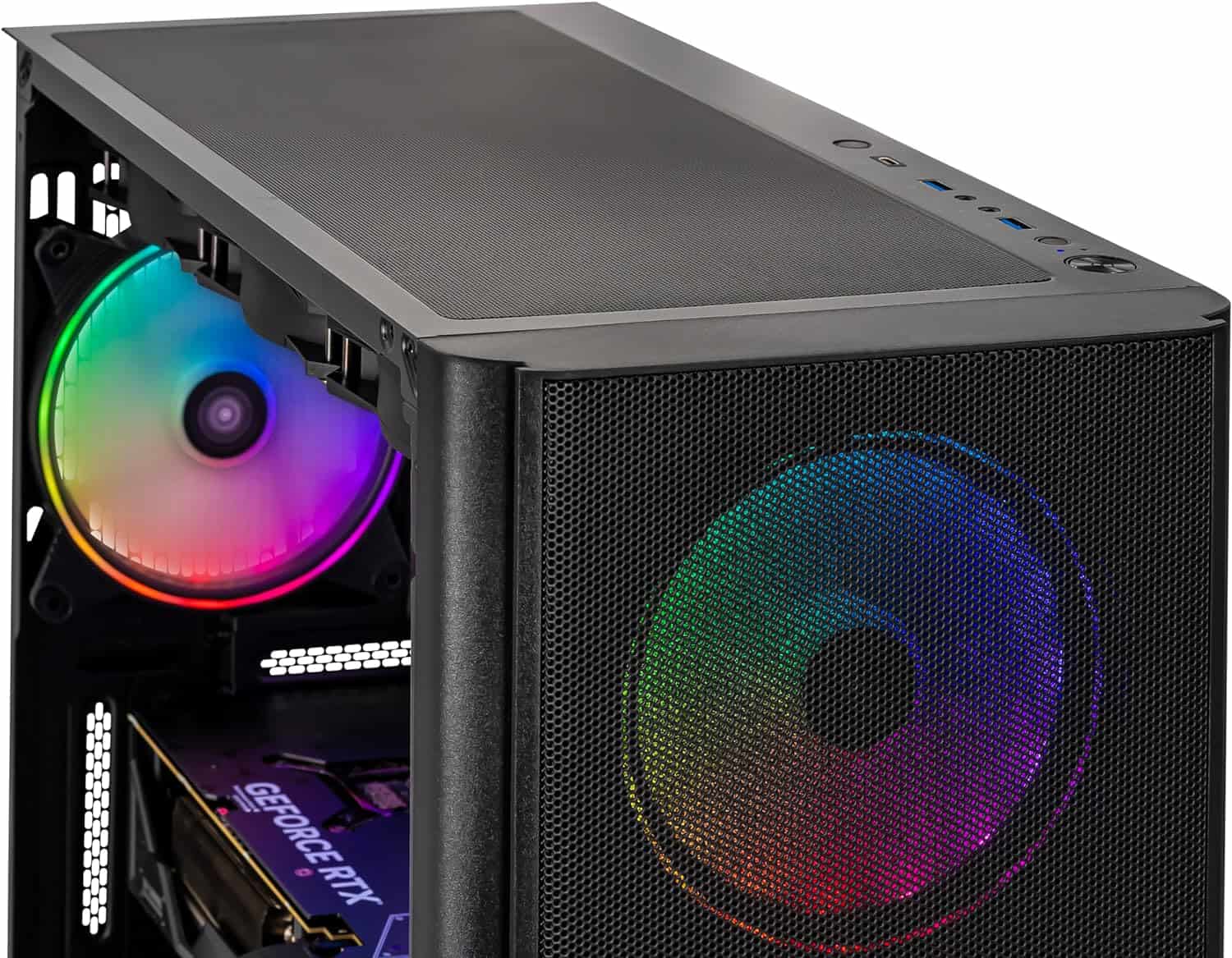 Close-up of a YEYIAN ODACHI desktop computer case with rgb lighting fans, designed for gaming PC enthusiasts.