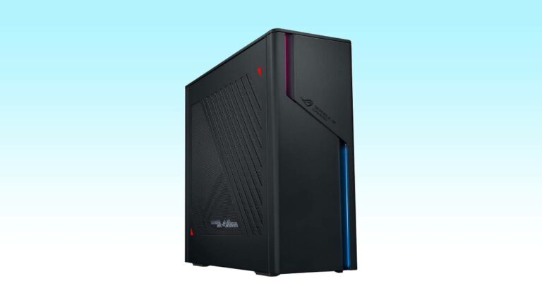 Our top pre-built pick for the best ASUS gaming PC in 2023 – a sleek black pc with a blue stripe on the side.