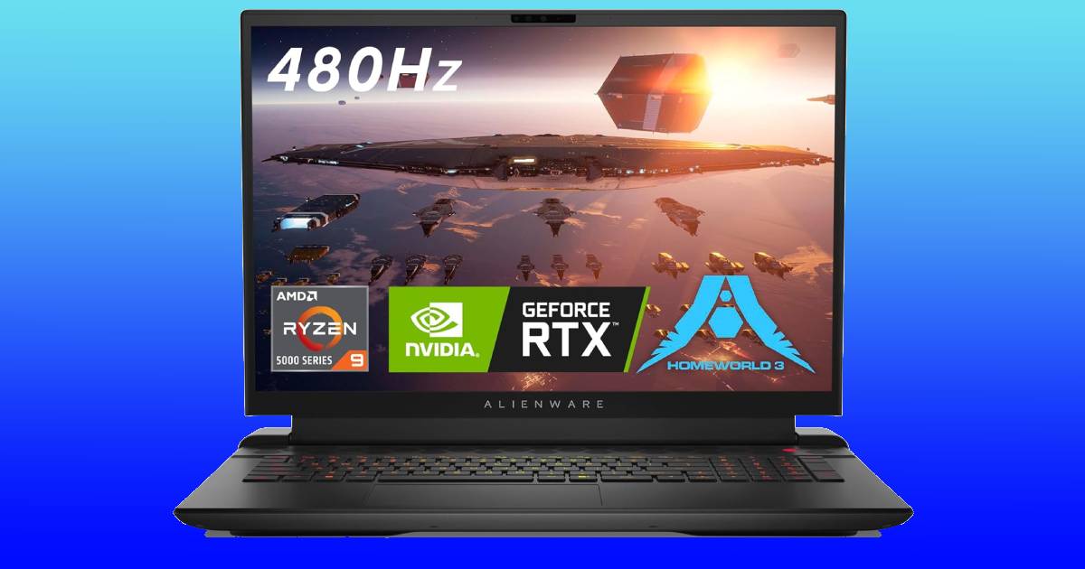 A gaming laptop with a blue background and an image of a video game.