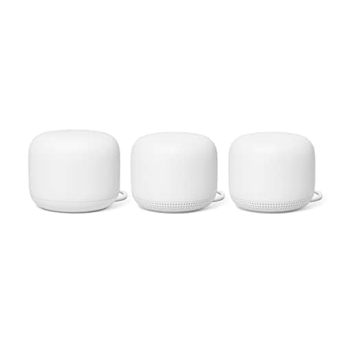 Three white smart home devices including a Nest WiFi Router and 2 Points - WiFi Extender with Smart Speaker, are neatly placed on a white surface.