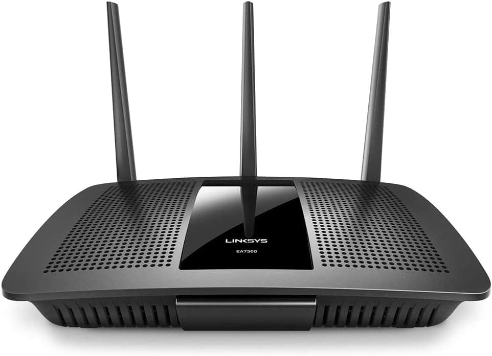 The Linksys EA7300 Max-Stream: AC1750 is a black wireless router with two antennas.
