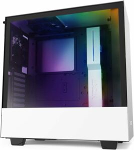 The NZXT H510i is a sleek white computer case featuring a vibrant rainbow colored light.